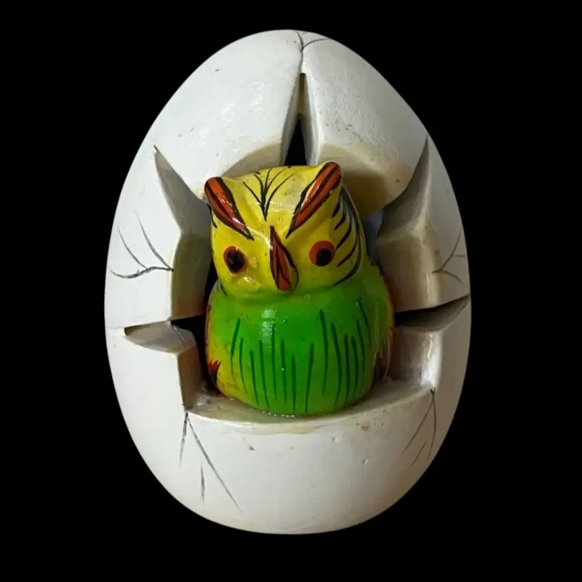 Vintage Mexican Folk Art Wood Egg With Hatching Owl