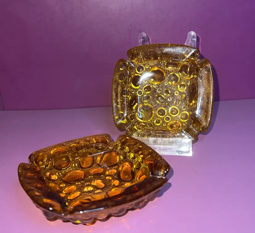 Pair Of Vintage MCM Libbey Amber Pebble Glass 4” Ashtrays