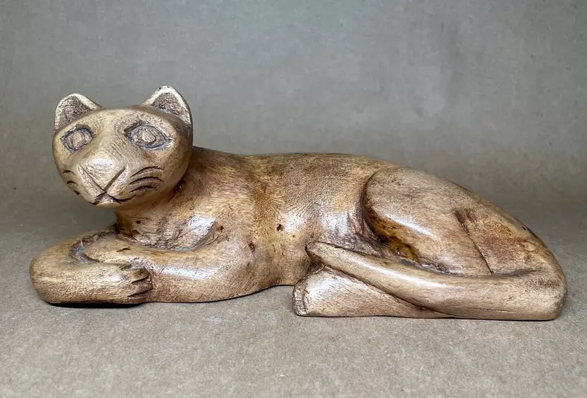 MCM Wood Reclining Cat Statue Hand Carved Figurine Solid Wood Folk Art Sculpture