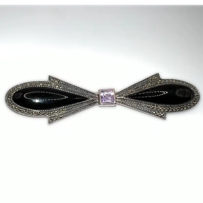 Vintage Art Deco Sterling Marcasite Onyx & Amethyst Brooch 3” Wide