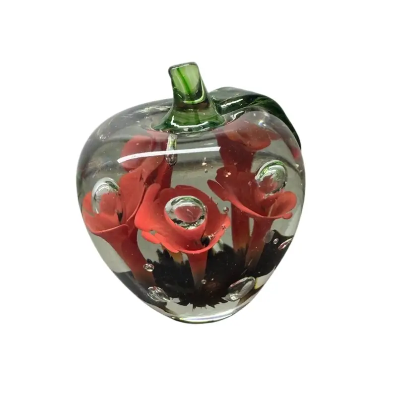 Apple With Pink Trumpet Flowers, Stamped The Peacock Glassworks,6 In H
