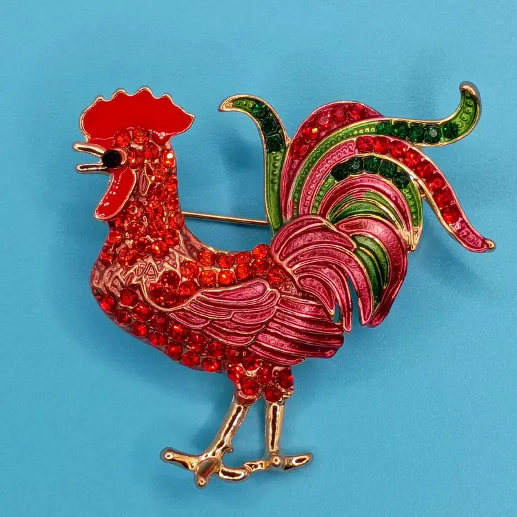 Colorful Rooster Rhinestone Brooch Pendant Gold Tone Red Green Enamel Farm Pin (Inv - #02)