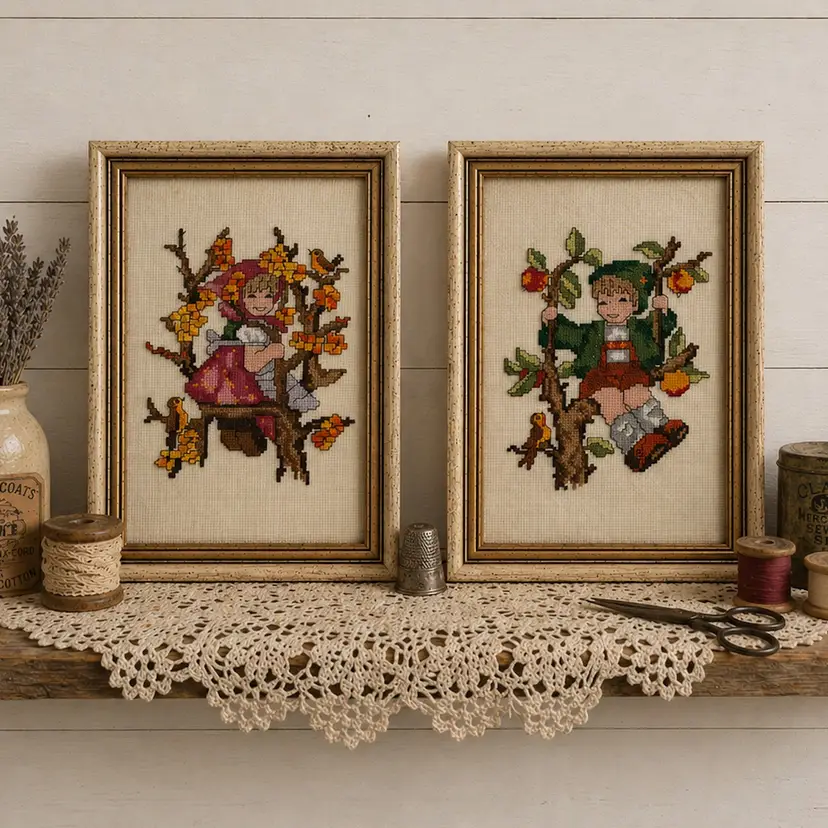 Frame Vintage 1986 SET Needle Point Hummel Apple Tree Boy & Girl