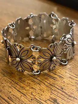 Sterling Silver Taxco Vintage Floral Linked Bracelet 7”