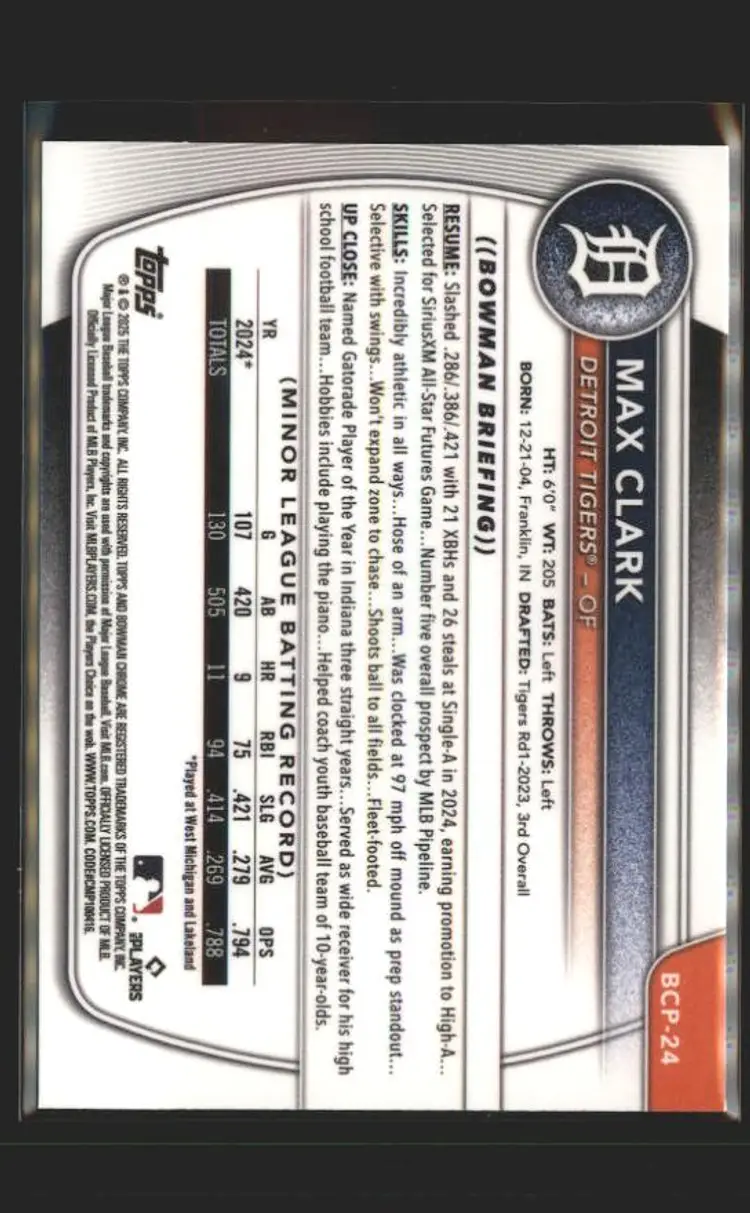 2025 Bowman #BCP-24 Max Clark Chrome Prospects Reptilian Fuchsia /199 - ( 137 ) - Detroit Tigers