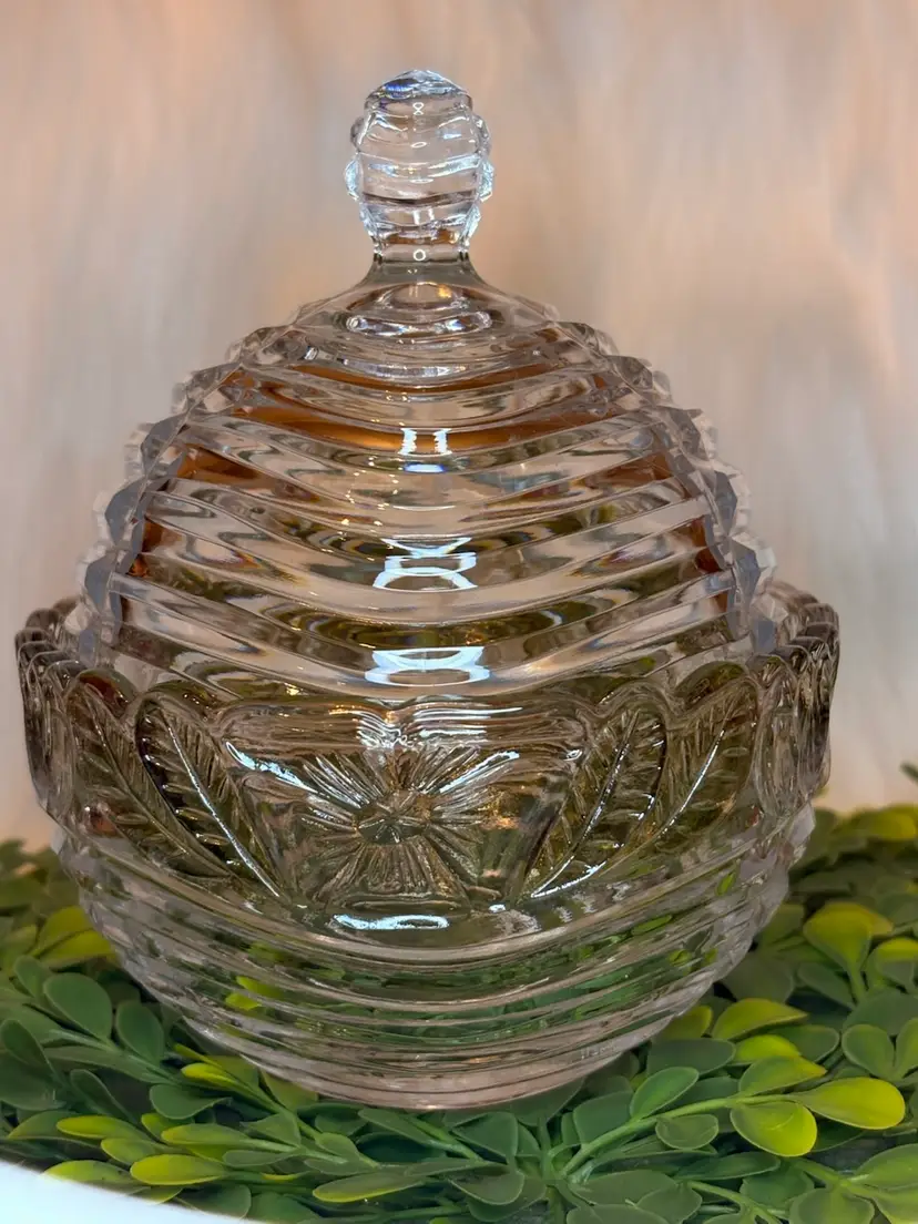 Vintage Ribbed Lead Crystal Lidded Dish w/Lead Motifs