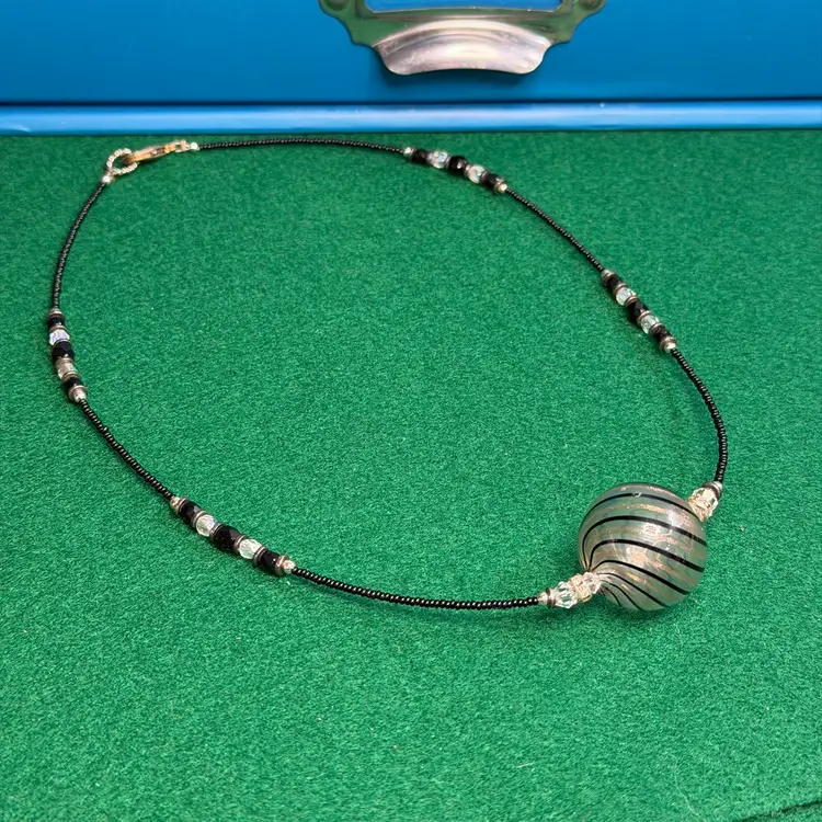Art Glass Orb Bead Necklace Swirl Black & Gold w/ Aurora Borealis & Black Beads