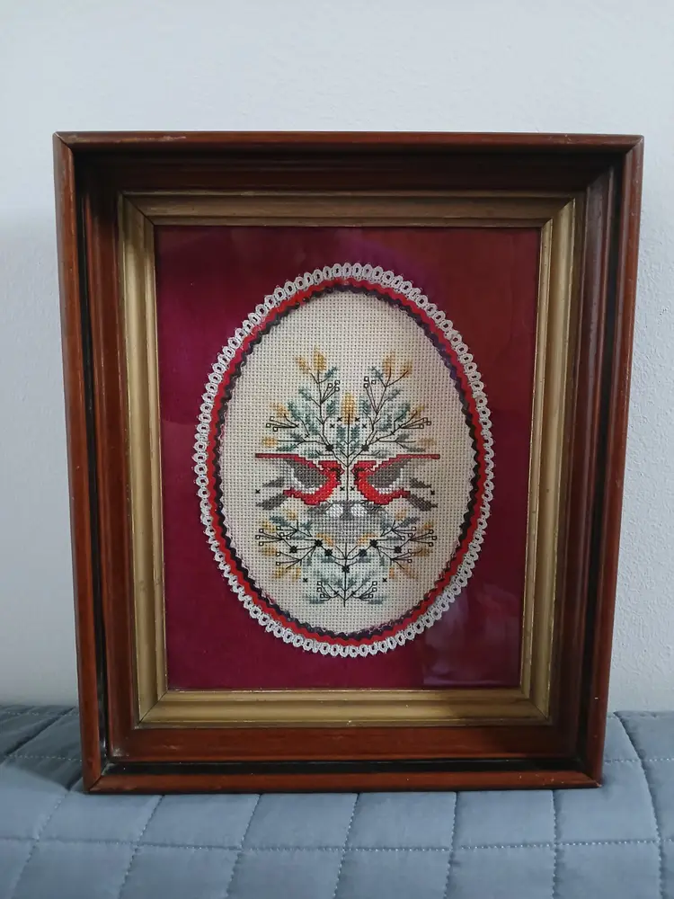 Vintage Framed Cross Stitch Cardinal Birds on Nest Wall Art Hanging