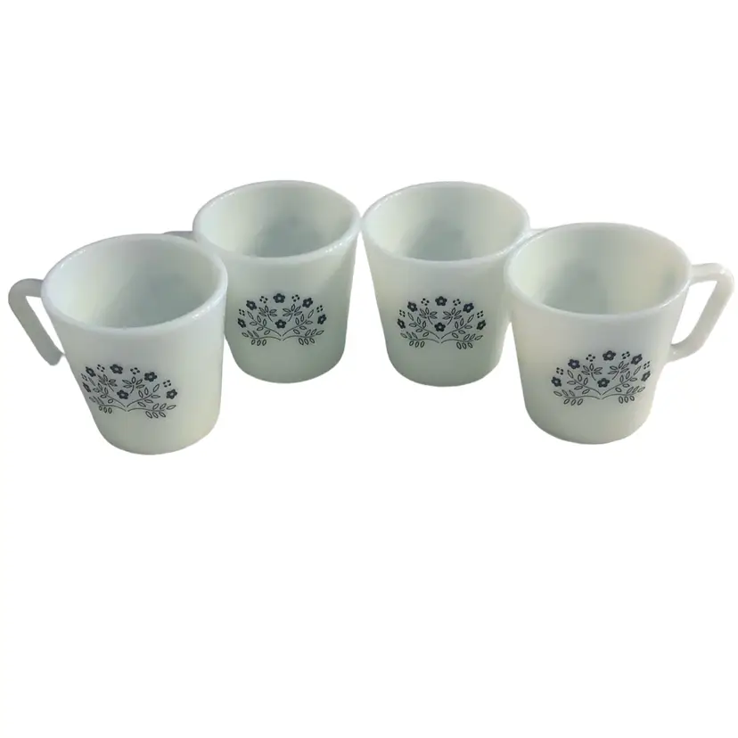 Pyrex Summer Impressions White And Blue Floral Milk Glass Coffee Mug #1410 Set Of 4