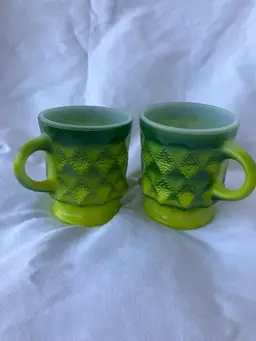 Fire King Green Diamond Point Mugs -Set Of 2