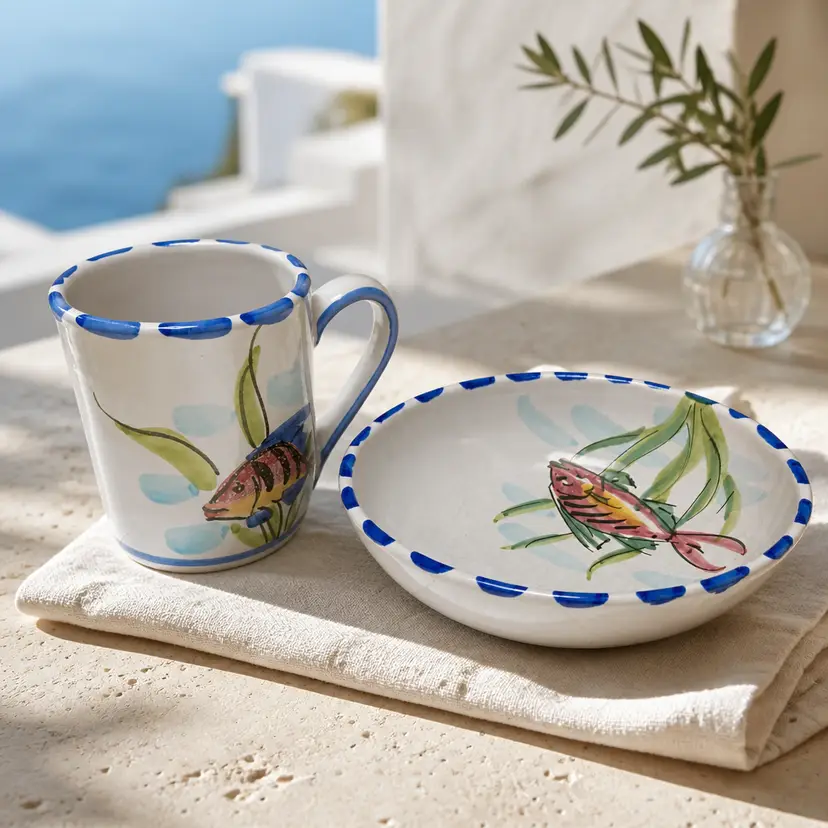 Vietri Al Mare Ceramic Bowl & Mug Set w/ Handpainted Fish Designs, Made in Italy