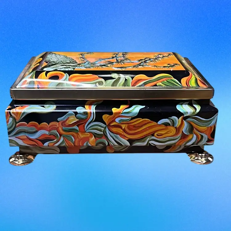 20. Footed Tin Candy Box Fricke & Nacke Mavis West Germany Orange Gold Vintage Decor