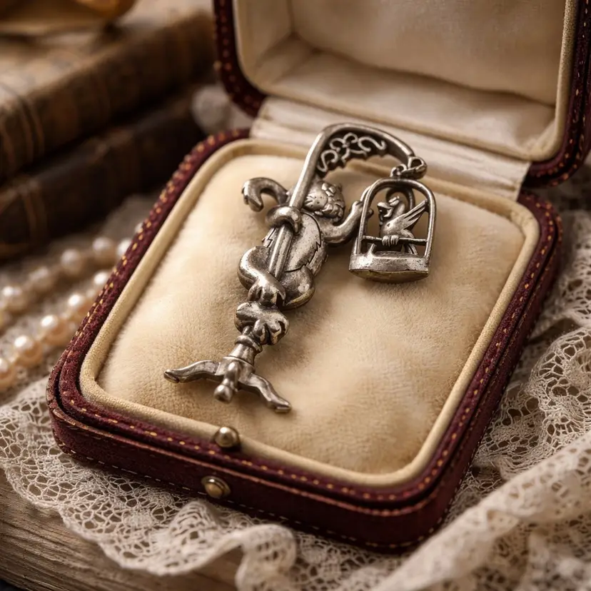 JJ Jonette Pewter Cand and Bird Cage Brooch 2.25"