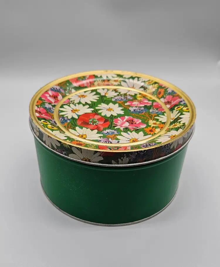 Vintage Metal Storage Tin Colorful Flowers And Green Round Container