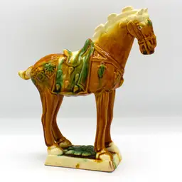 Vintage Tang Style War Horse Figurine Pottery Sculpture Sancai Glaze Asian Decor