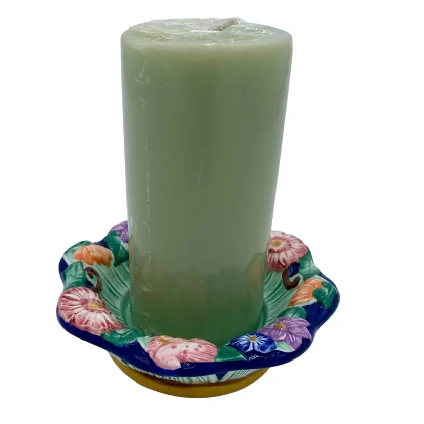 Vintage Fitz & Floyd Hand-Painted Floral Candle Holder w/F&F Pillar Candle, Wrapped