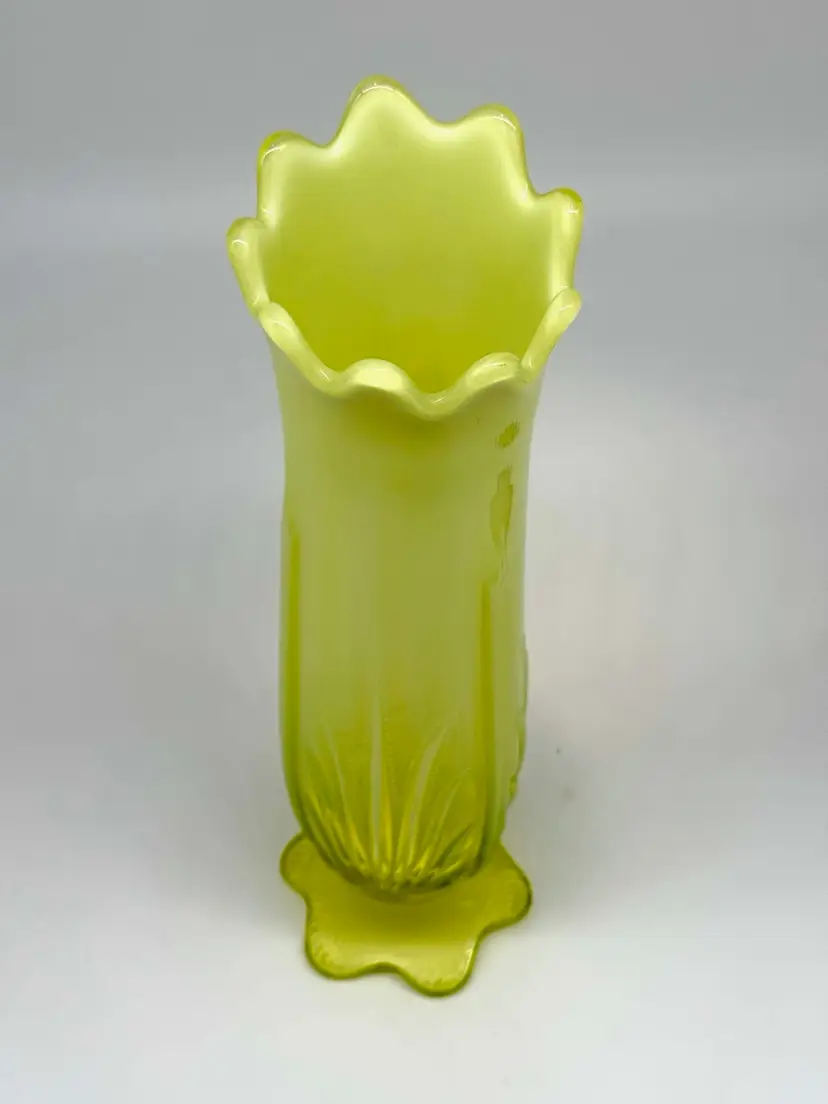 Vintage Fenton Art Glass Topaz Opalescent Vaseline “Cactus” Pattern Swung Vase Ruffled Rim apx 14” 3.5” Base