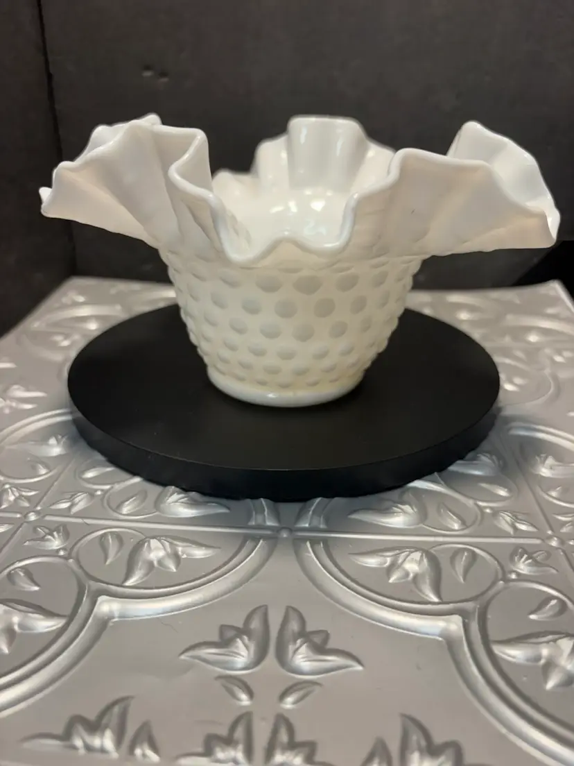 Vintage Fenton milk glass ruffled crimped hobnail bowl