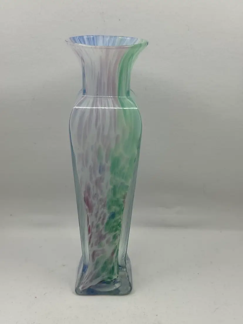 Murano Style glass vase with pastel confetti splatter, 8.5”
