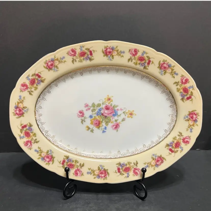 Hostess Gold Castle Oval Platter Pink Rose Floral REG Japan ~10.25” x 7.5”
