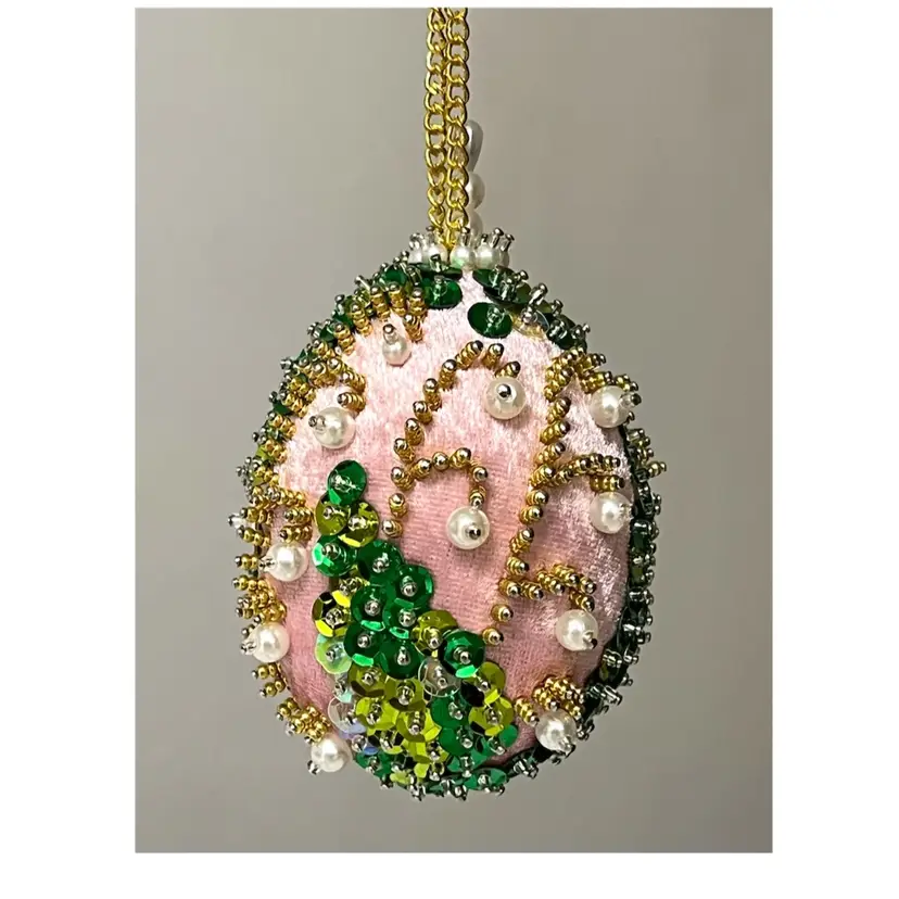 Handmade Vintage Style Push Pin Easter Egg Ornament Pearls Beads Sequins 3.5 in Height