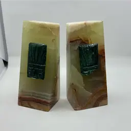 Beautiful Vintage Onyx Bookends With Carved Medallions Mid Century Modern Boho- As Is