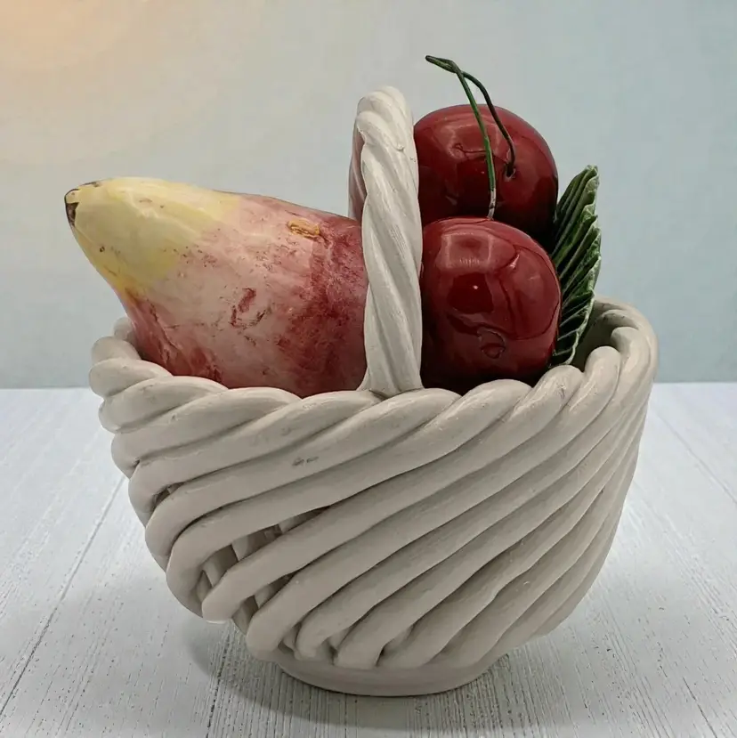 Capodimonte White Woven Basket Of Fruit Red Cherries Pear and Leaf Made in Italy