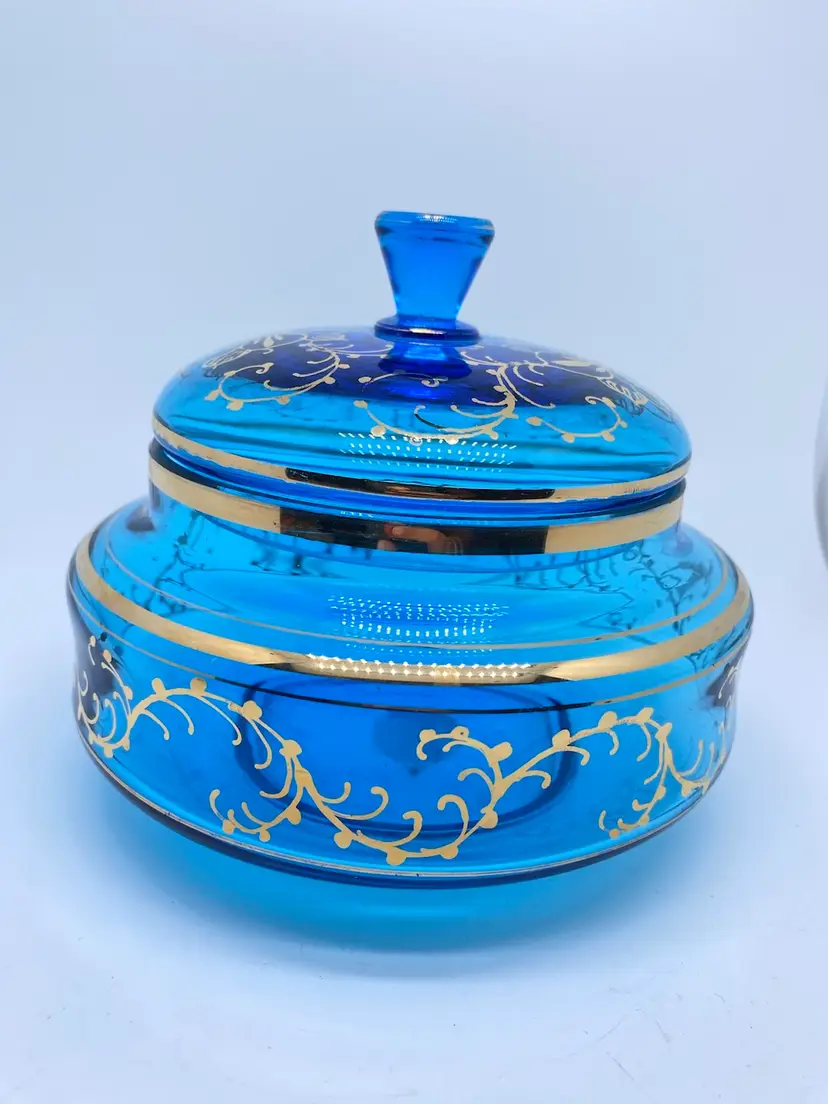 Vintage Bohemian Blue Glass Covered Dish