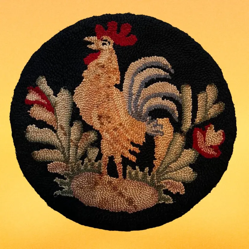 Vintage Hooked Rug Rooster Chair Pad 16”
