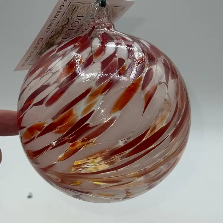 11 Blown Glass Orb/ Ornament 5” Orange White Swirls Made In Poland