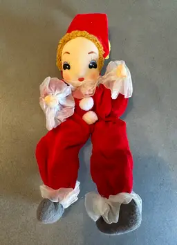 Vintage Pixie Elf Stockinette Pose Doll Bendable Red Velvet Suit Big Eyes Christmas