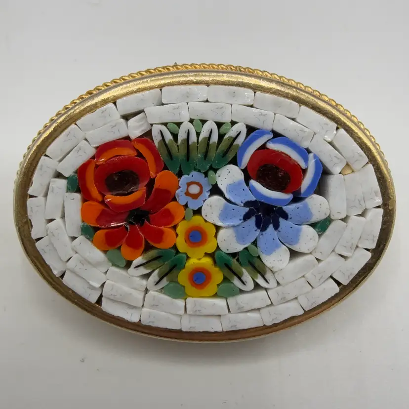 White Oval Cabbage Rose Floral Micro Mosaic Safety Pin Clasp