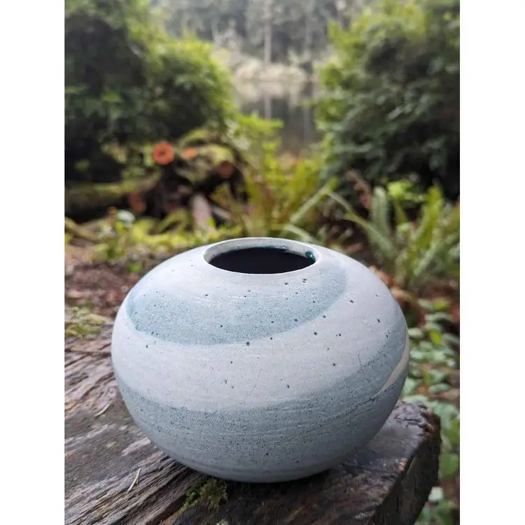 Beautiful vintage blue and white studio art pottery stoneware round vase signed "M"