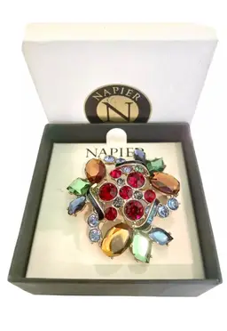 Napier Brooch Multi Stone & Enamel Multi Color Gold Tone Original Box 2"