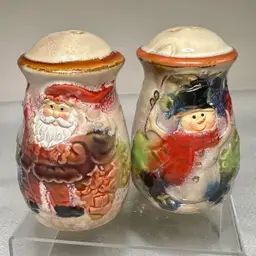 Santa And Snowman Salt and Pepper Ceramic Shakers Vintage