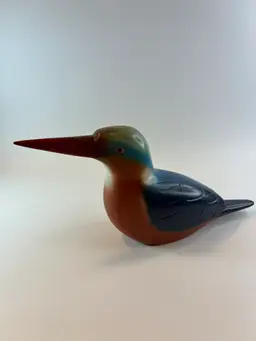 Hand Carved, Painted And Numbered Wooden Malachite King Fisher Bird 4.75 X 10.5”