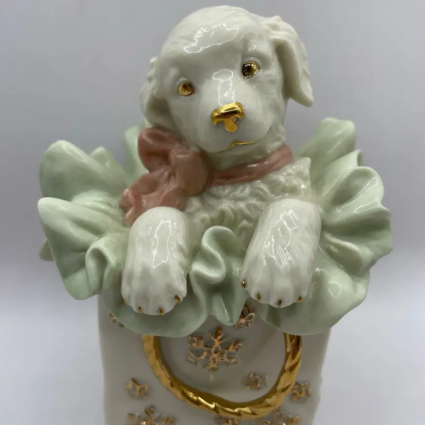 Lenox “Playful Present” Puppy Dog in Gift Bag Christmas Holiday Figurine