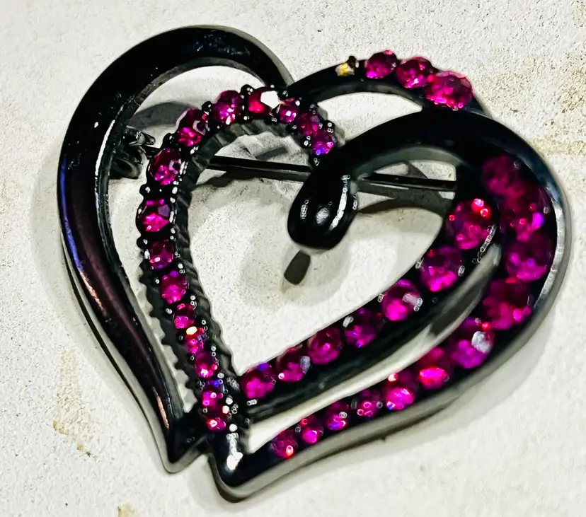 Purple Rhinestone Double Heart Brooch