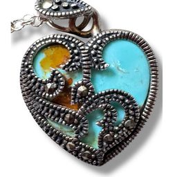 Sterling Silver Marcasite Heart with Kingman #8 Turquoise Inset on a Silver Plated 20” Chain