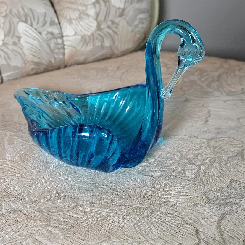 Vintage 1960's Blue Art Glass Swan Dish
