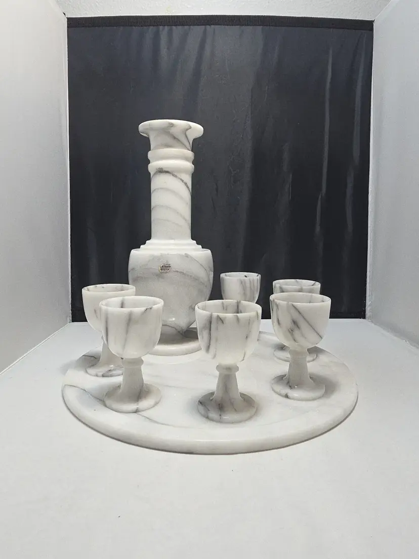 Vintage White Marble Alabaster Decanter/ 6 Goblets/ Tray 8 Piece Set (JQ)