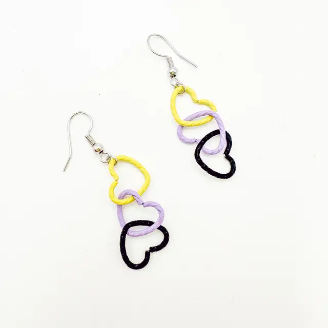 Heart Metal Link Dangle Earrings Yellow Purple Black Handmade