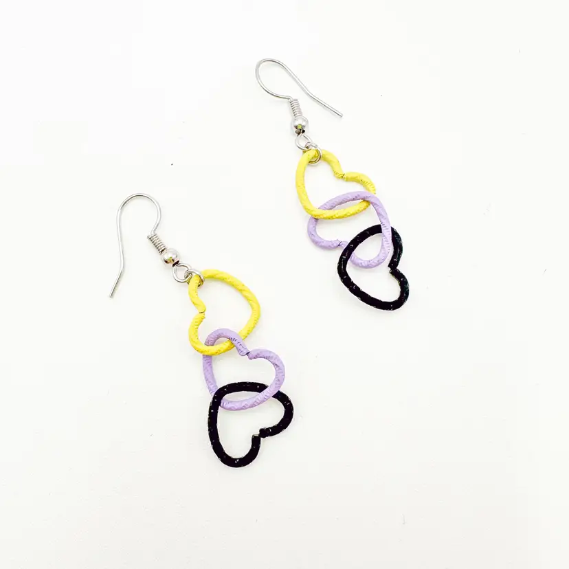 Valentine's Day Metal Link Heart Dangle Earrings Yellow Purple Black Handmade