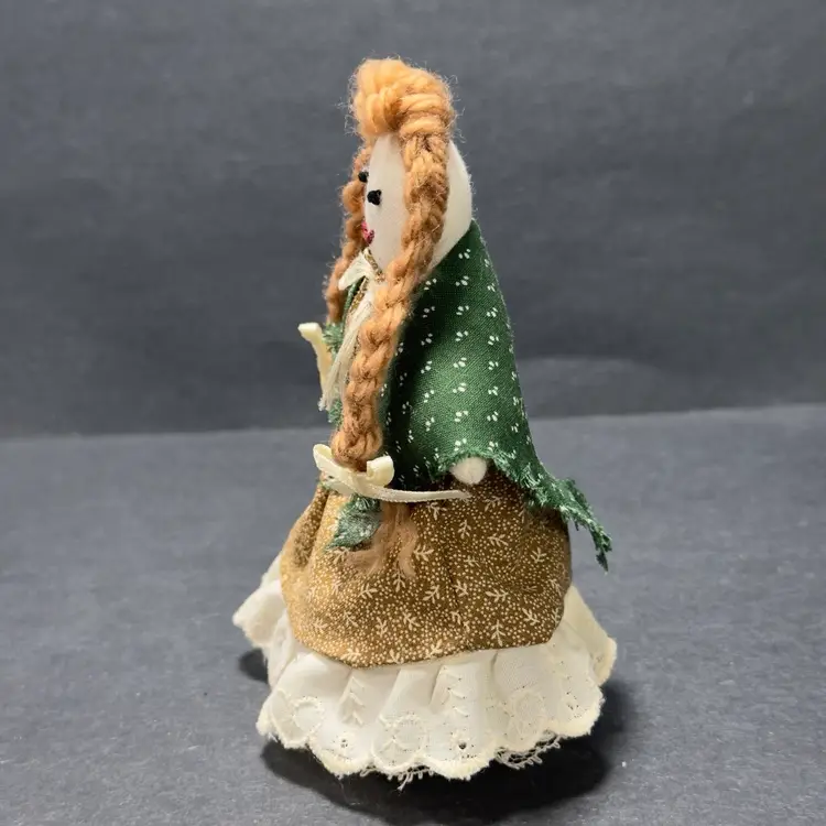 #1502 Primitive Prairie Cloth Doll 5” Weighted Bottom Hand Made No Label Lace Trim