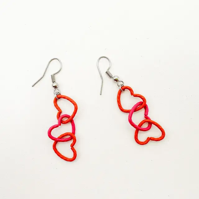 Valentine's Day Metal Link Heart Dangle Earrings Pink and Orange Handmade