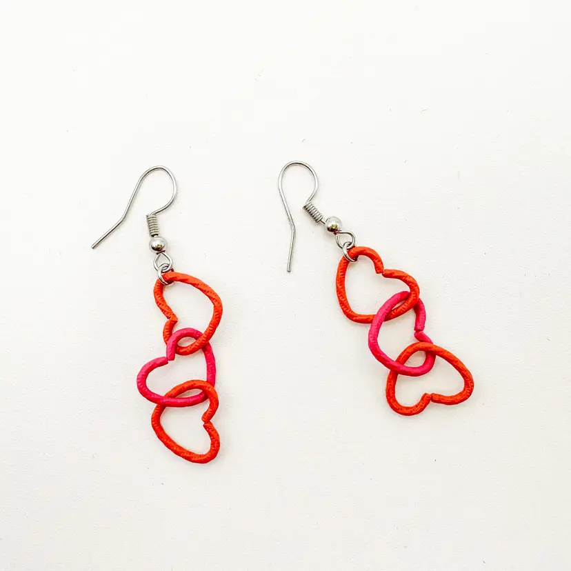 Valentine's Day Metal Link Heart Dangle Earrings Pink and Orange Handmade