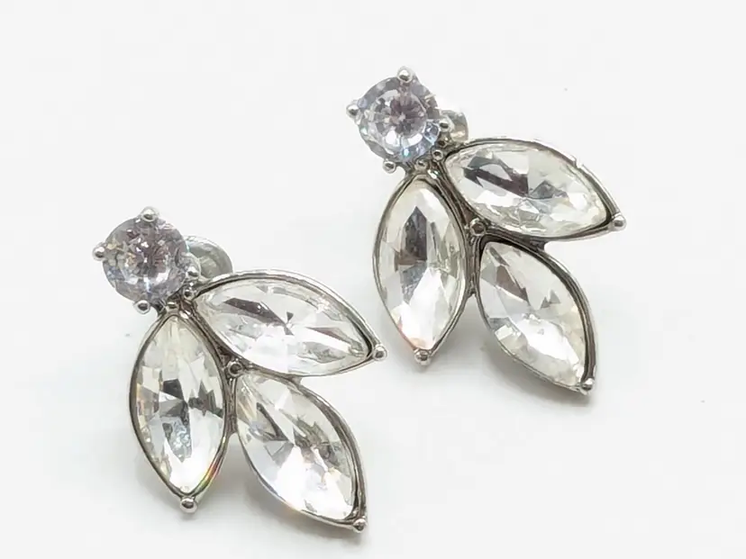 Rhinestone Silver Tone Leaf Pierced Earrings