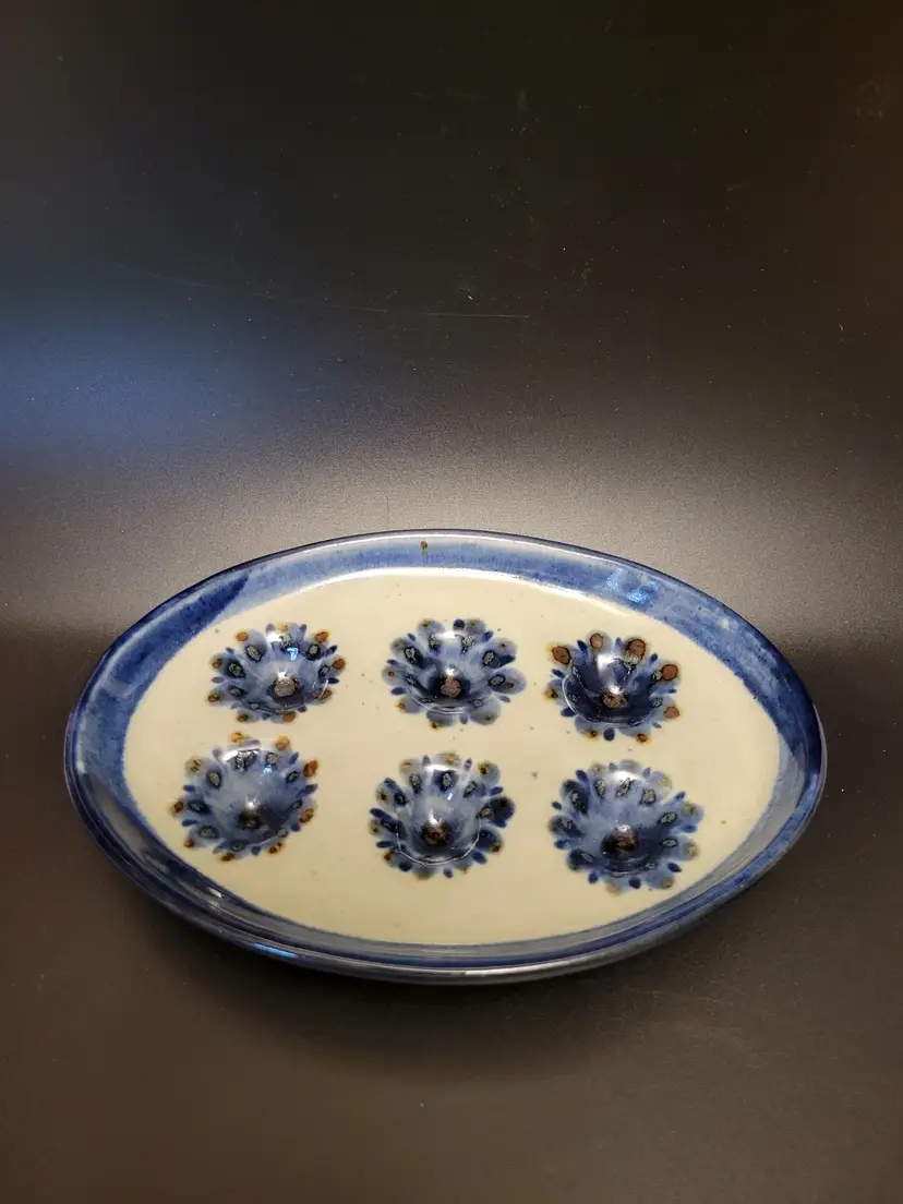 Vintage Ken Edwards KE Mexico Pottery Escargot Dish Blue Floral Deviled Egg Tray