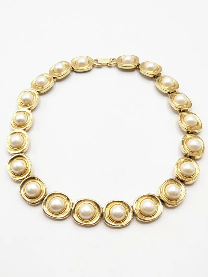 Vintage Gold Tone White Cabochons Statement Necklace