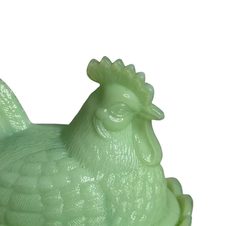 Fenton ROOSTER On Nest Jadeite Green Candy/Trinket Dish With Lid  Split Tail 
4-3/4” T x 5-1/4” L x 4”W
